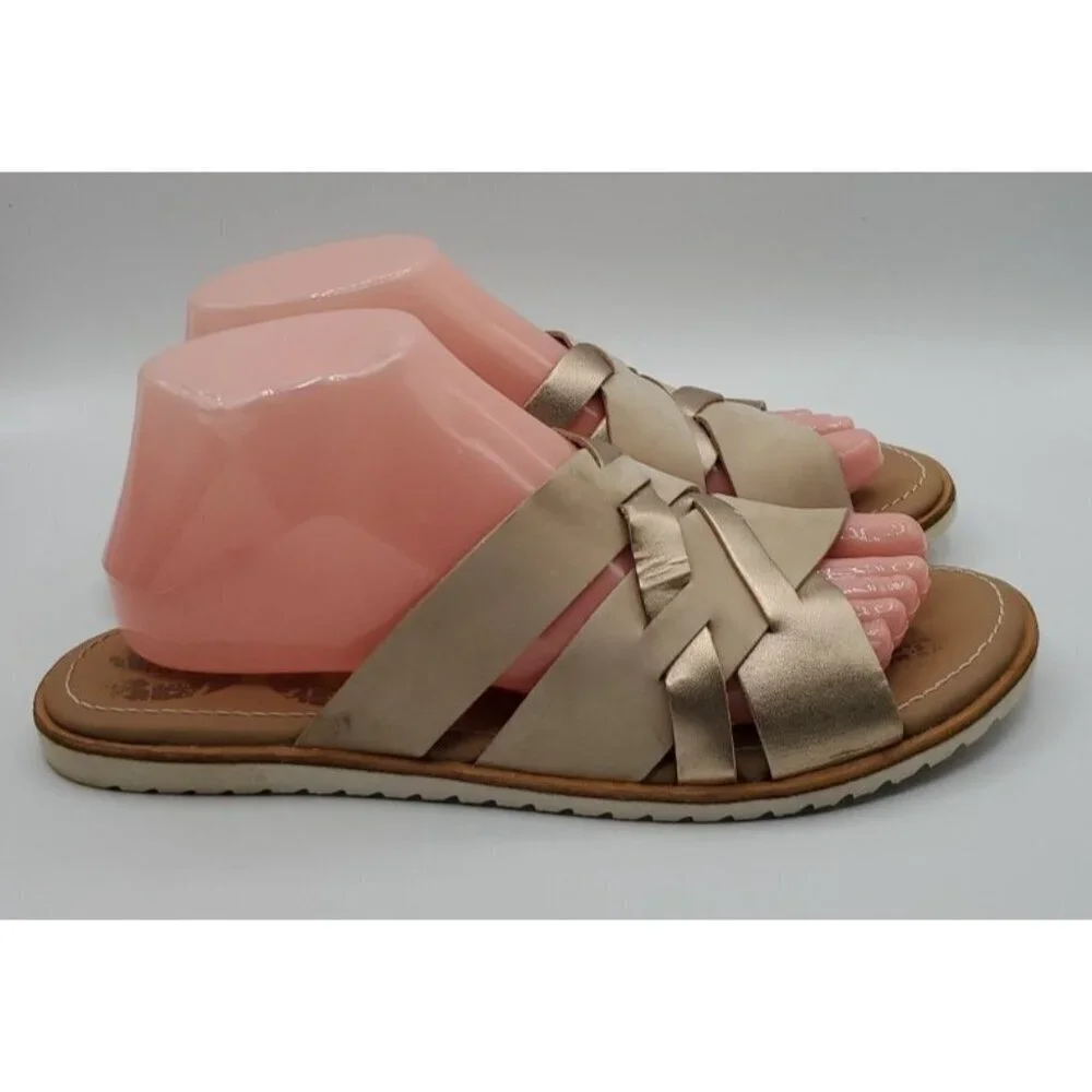 Sorel Ella Women Slide Natural Tan Gold Leather Sz 9 Strappy Criss Cross Straps